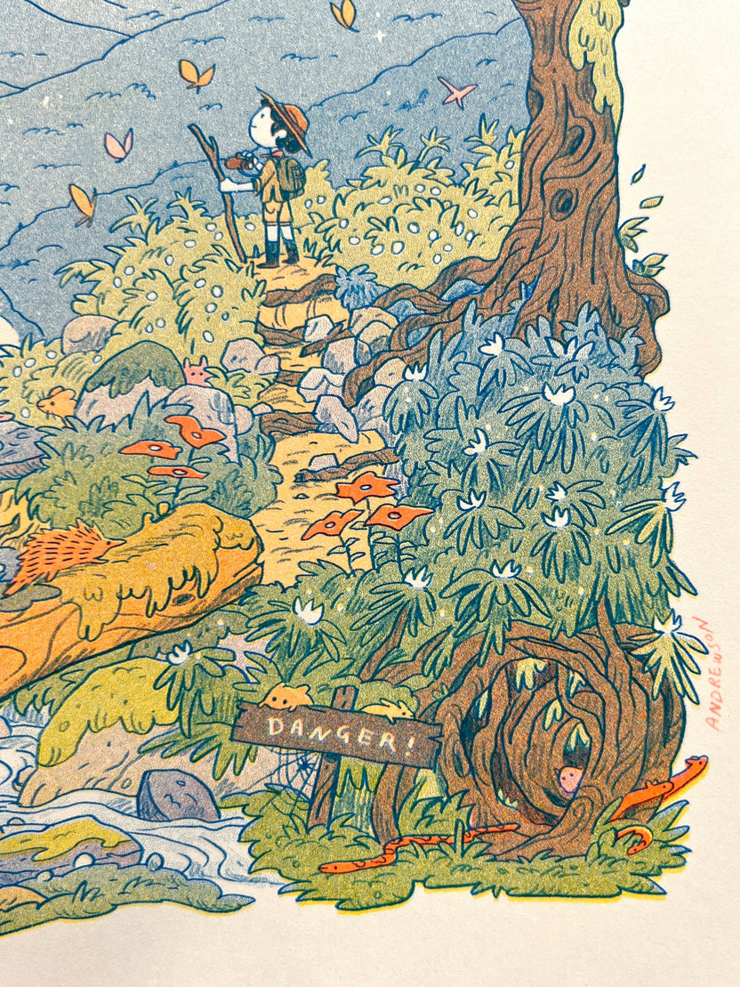 Mountain Dreams risograph print, mountain landscape riso art, Natalie Andrewson riso print, blue fluorescent orange yellow riso, scenic mountain illustration, wanderer wall art, adventure-inspired riso print, indie printmaker artwork, dreamy mountain landscape print, vibrant layered ink art, collectible riso print, Rogue & Rye artist collection.