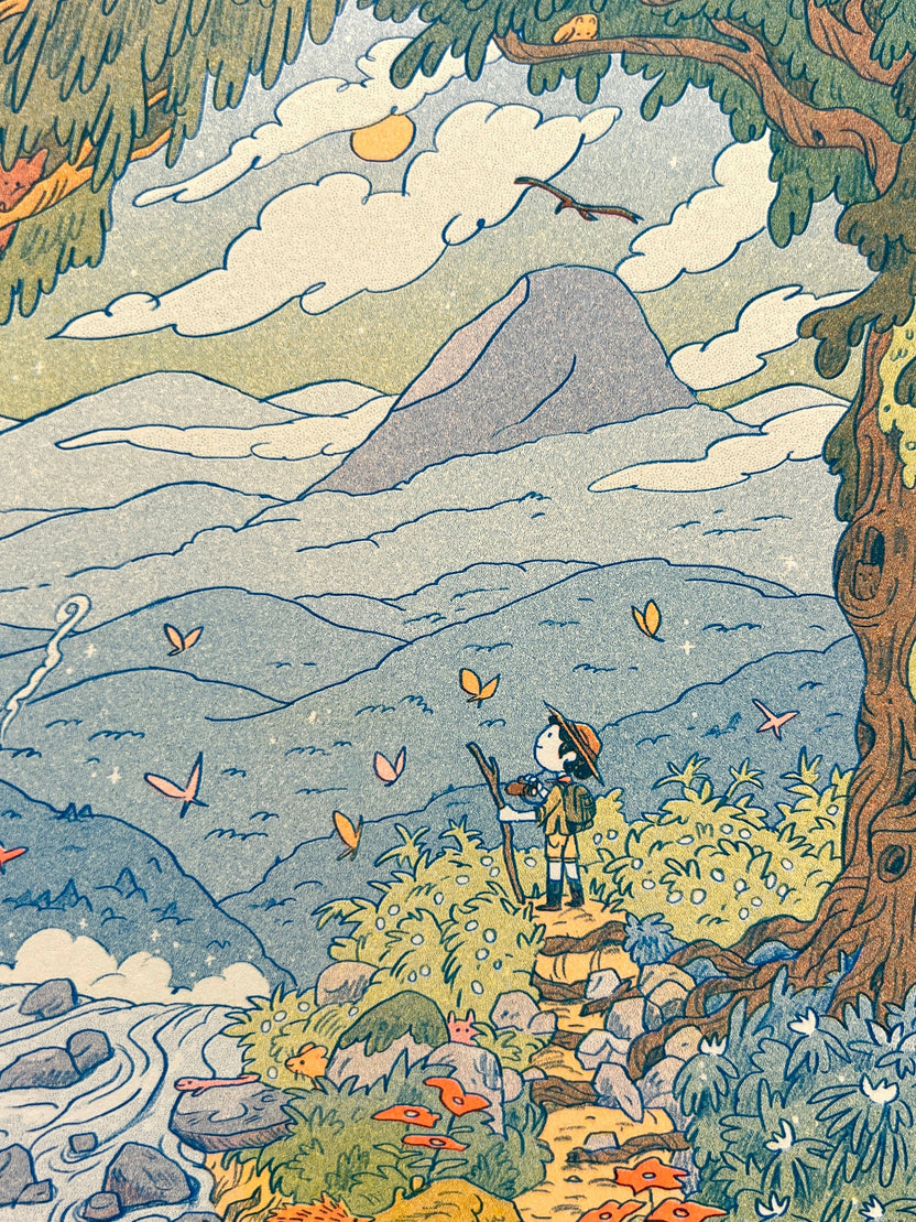 Mountain Dreams risograph print, mountain landscape riso art, Natalie Andrewson riso print, blue fluorescent orange yellow riso, scenic mountain illustration, wanderer wall art, adventure-inspired riso print, indie printmaker artwork, dreamy mountain landscape print, vibrant layered ink art, collectible riso print, Rogue & Rye artist collection.