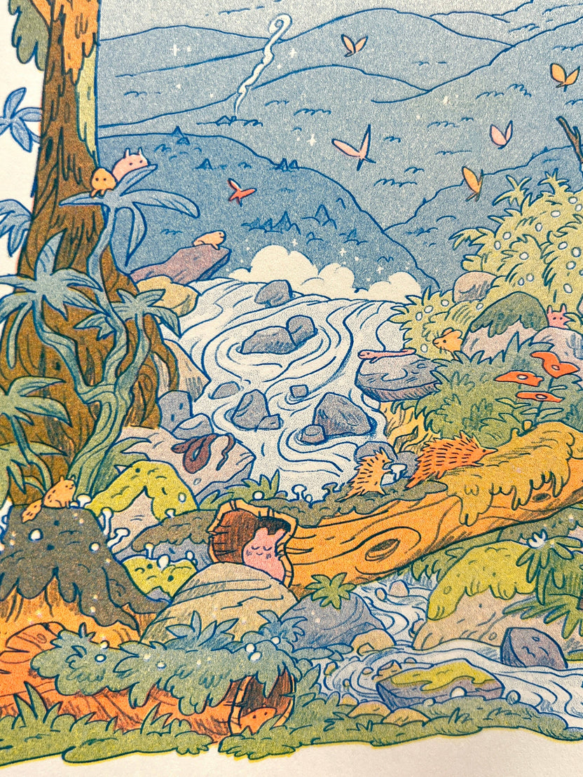 Mountain Dreams risograph print, mountain landscape riso art, Natalie Andrewson riso print, blue fluorescent orange yellow riso, scenic mountain illustration, wanderer wall art, adventure-inspired riso print, indie printmaker artwork, dreamy mountain landscape print, vibrant layered ink art, collectible riso print, Rogue & Rye artist collection.