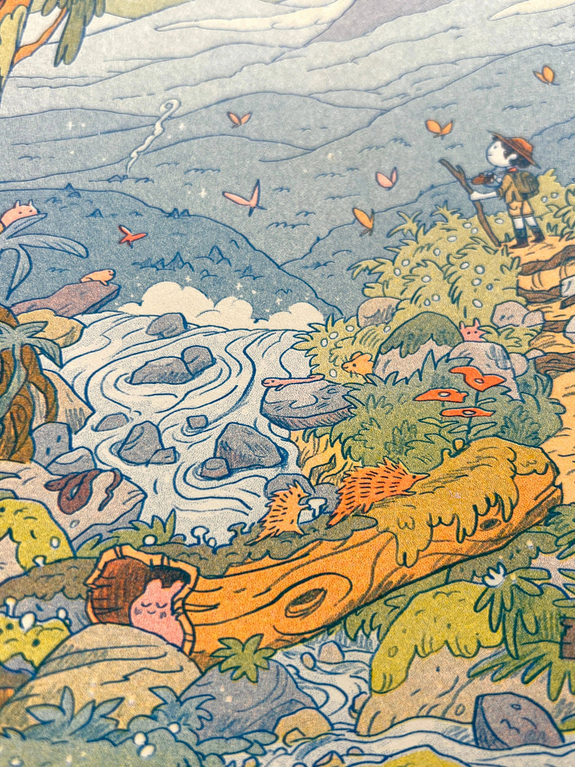 Mountain Dreams risograph print, mountain landscape riso art, Natalie Andrewson riso print, blue fluorescent orange yellow riso, scenic mountain illustration, wanderer wall art, adventure-inspired riso print, indie printmaker artwork, dreamy mountain landscape print, vibrant layered ink art, collectible riso print, Rogue & Rye artist collection.