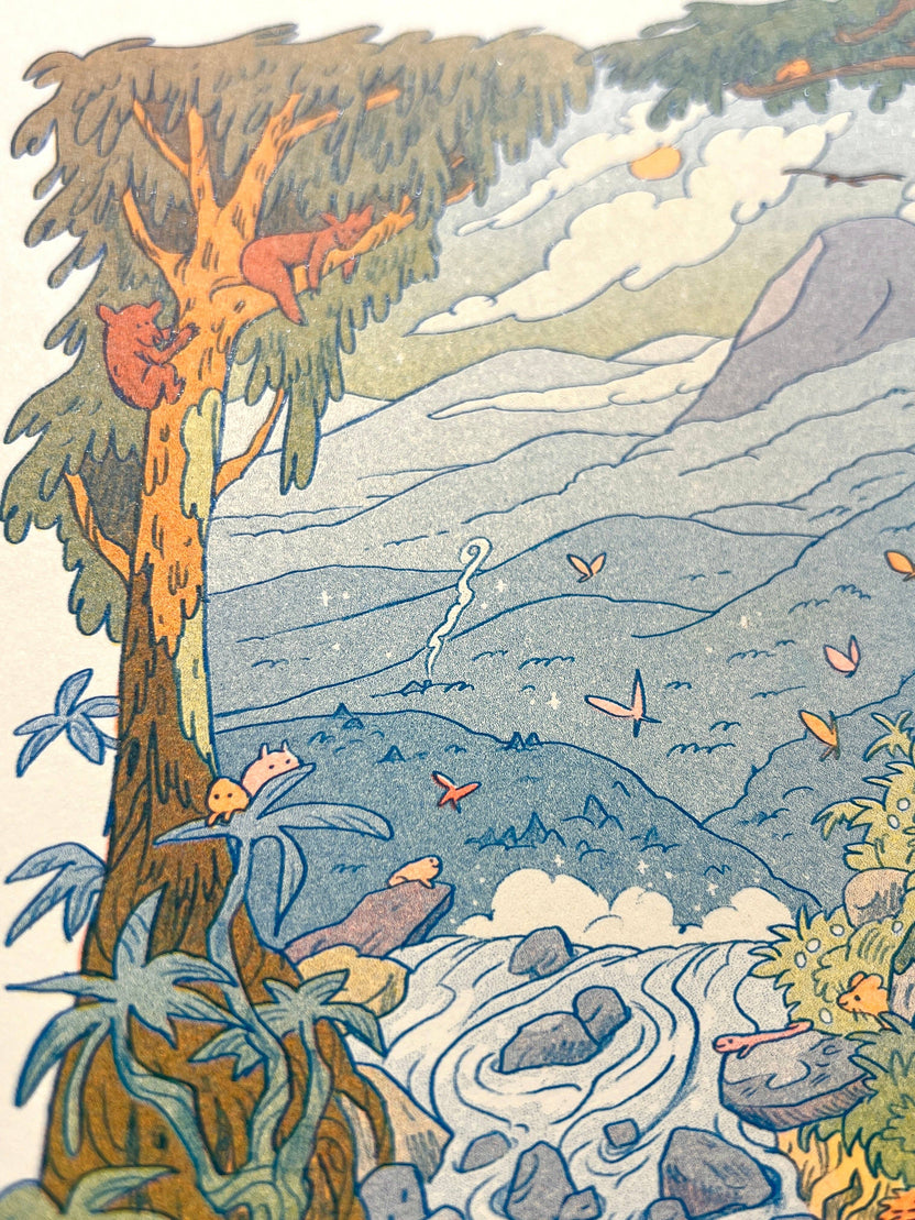 Mountain Dreams risograph print, mountain landscape riso art, Natalie Andrewson riso print, blue fluorescent orange yellow riso, scenic mountain illustration, wanderer wall art, adventure-inspired riso print, indie printmaker artwork, dreamy mountain landscape print, vibrant layered ink art, collectible riso print, Rogue & Rye artist collection.