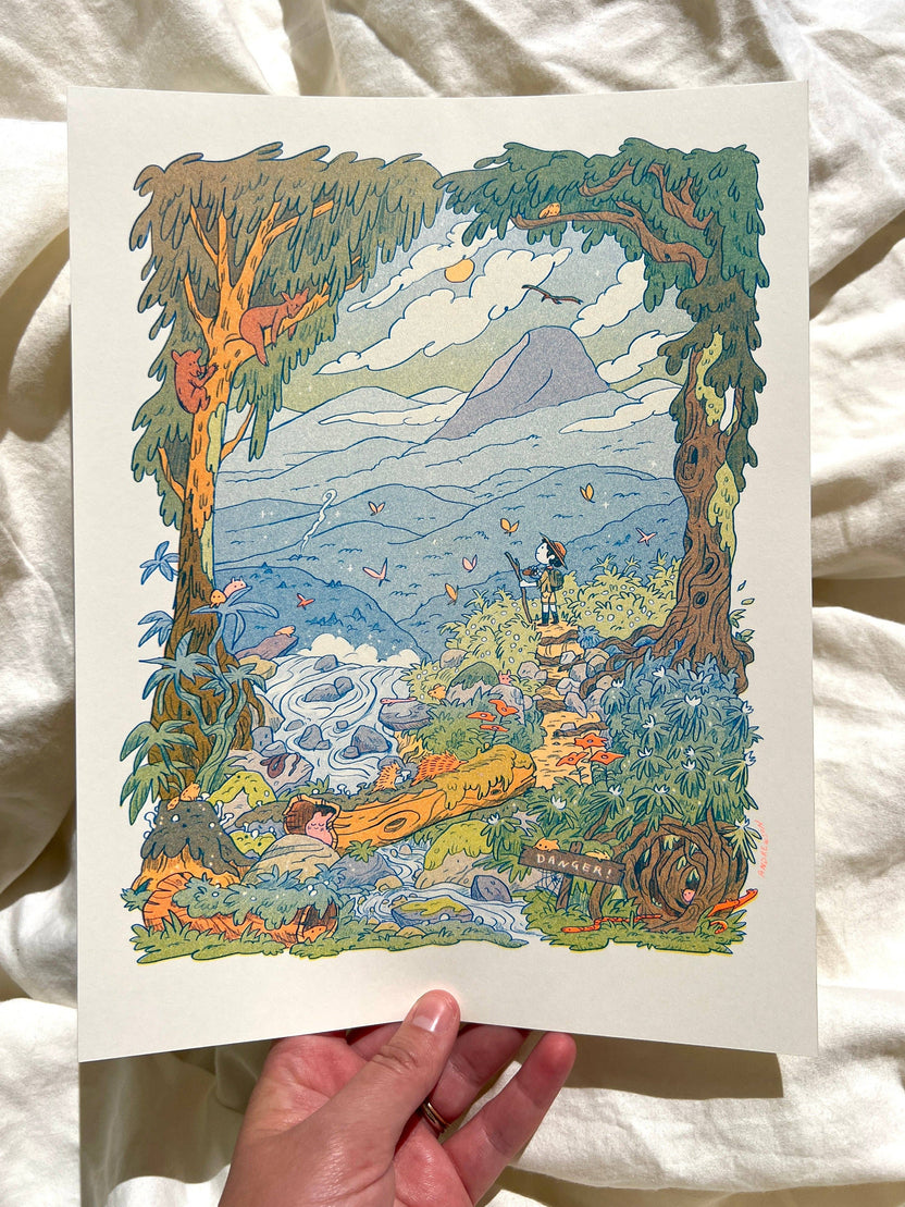 Mountain Dreams risograph print, mountain landscape riso art, Natalie Andrewson riso print, blue fluorescent orange yellow riso, scenic mountain illustration, wanderer wall art, adventure-inspired riso print, indie printmaker artwork, dreamy mountain landscape print, vibrant layered ink art, collectible riso print, Rogue & Rye artist collection.