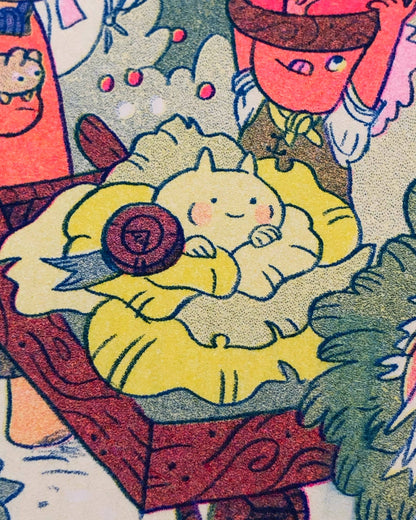 On the Mountain Garden Trail print, Natalie Andrewson risograph, goblin art print, garden fantasy illustration, blue yellow fluorescent pink riso, indie printmaker art, mountain folk artwork, narrative risograph print, vibrant small art print, collectible riso artwork, fantasy garden scene, whimsical woodland art, Rogue & Rye artist collection.