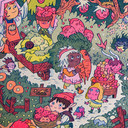 On the Mountain Garden Trail print, Natalie Andrewson risograph, goblin art print, garden fantasy illustration, blue yellow fluorescent pink riso, indie printmaker art, mountain folk artwork, narrative risograph print, vibrant small art print, collectible riso artwork, fantasy garden scene, whimsical woodland art, Rogue & Rye artist collection.