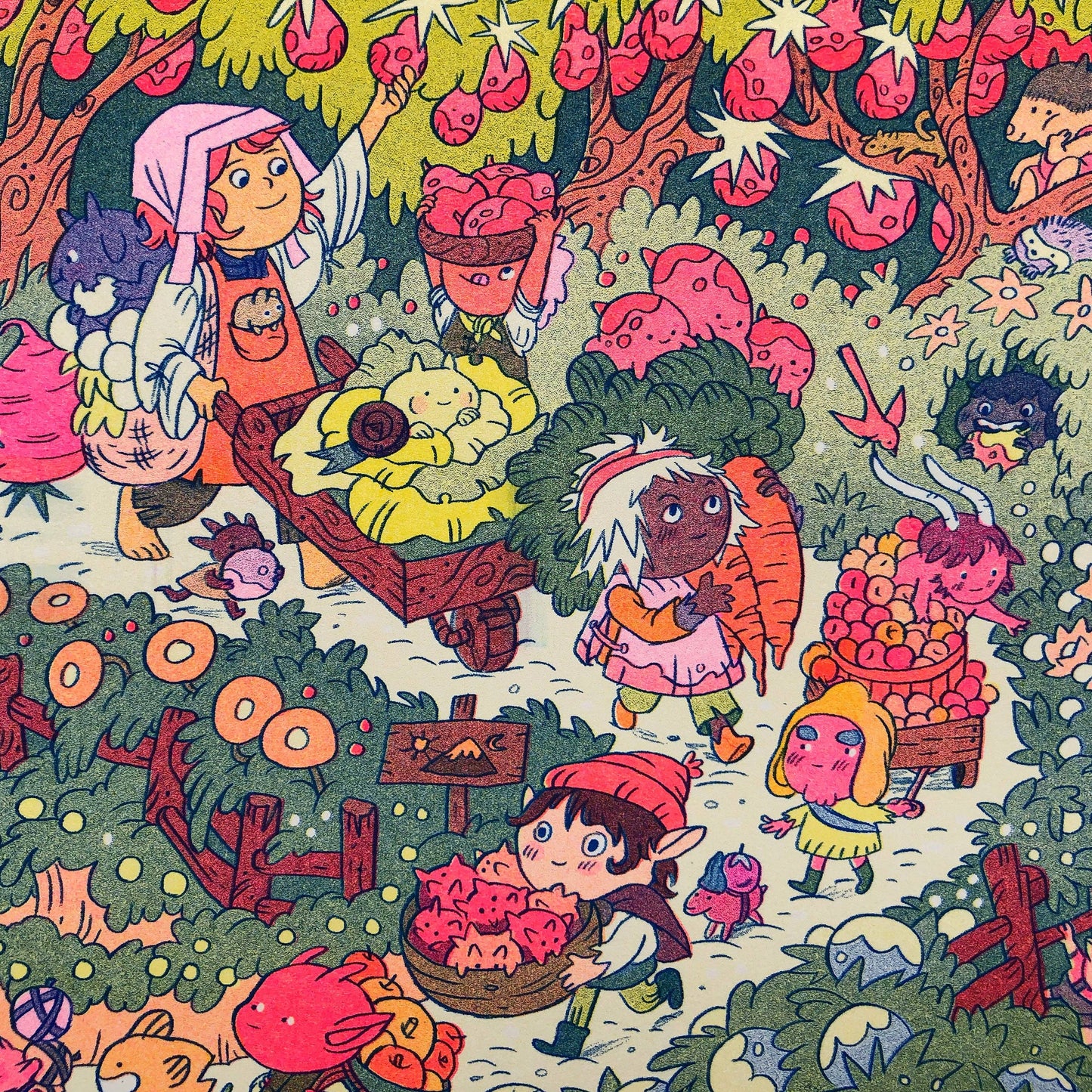 On the Mountain Garden Trail print, Natalie Andrewson risograph, goblin art print, garden fantasy illustration, blue yellow fluorescent pink riso, indie printmaker art, mountain folk artwork, narrative risograph print, vibrant small art print, collectible riso artwork, fantasy garden scene, whimsical woodland art, Rogue & Rye artist collection.