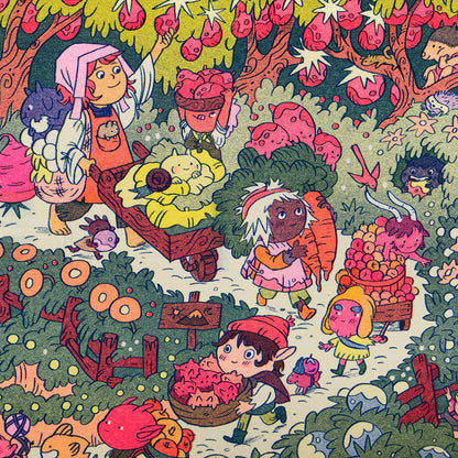 On the Mountain Garden Trail print, Natalie Andrewson risograph, goblin art print, garden fantasy illustration, blue yellow fluorescent pink riso, indie printmaker art, mountain folk artwork, narrative risograph print, vibrant small art print, collectible riso artwork, fantasy garden scene, whimsical woodland art, Rogue & Rye artist collection.