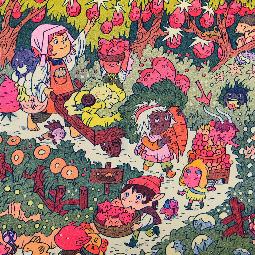 On the Mountain Garden Trail print, Natalie Andrewson risograph, goblin art print, garden fantasy illustration, blue yellow fluorescent pink riso, indie printmaker art, mountain folk artwork, narrative risograph print, vibrant small art print, collectible riso artwork, fantasy garden scene, whimsical woodland art, Rogue & Rye artist collection.