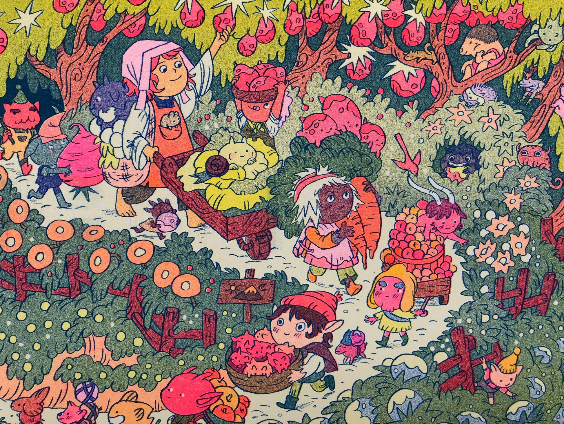 On the Mountain Garden Trail print, Natalie Andrewson risograph, goblin art print, garden fantasy illustration, blue yellow fluorescent pink riso, indie printmaker art, mountain folk artwork, narrative risograph print, vibrant small art print, collectible riso artwork, fantasy garden scene, whimsical woodland art, Rogue & Rye artist collection.