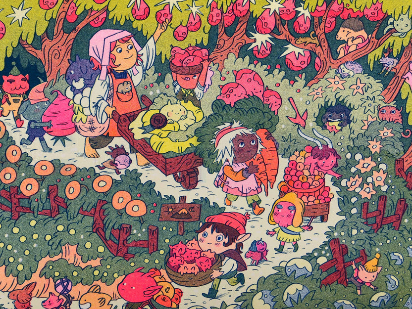 On the Mountain Garden Trail print, Natalie Andrewson risograph, goblin art print, garden fantasy illustration, blue yellow fluorescent pink riso, indie printmaker art, mountain folk artwork, narrative risograph print, vibrant small art print, collectible riso artwork, fantasy garden scene, whimsical woodland art, Rogue & Rye artist collection.