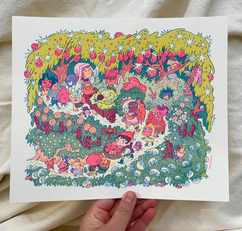 On the Mountain Garden Trail print, Natalie Andrewson risograph, goblin art print, garden fantasy illustration, blue yellow fluorescent pink riso, indie printmaker art, mountain folk artwork, narrative risograph print, vibrant small art print, collectible riso artwork, fantasy garden scene, whimsical woodland art, Rogue & Rye artist collection.