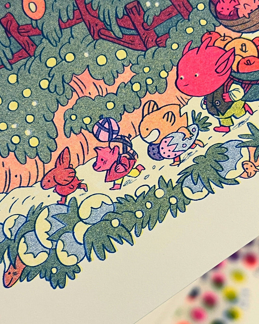 On the Mountain Garden Trail print, Natalie Andrewson risograph, goblin art print, garden fantasy illustration, blue yellow fluorescent pink riso, indie printmaker art, mountain folk artwork, narrative risograph print, vibrant small art print, collectible riso artwork, fantasy garden scene, whimsical woodland art, Rogue & Rye artist collection.