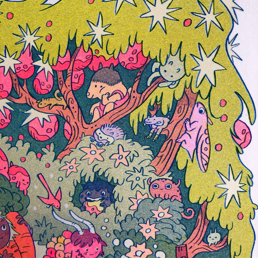On the Mountain Garden Trail print, Natalie Andrewson risograph, goblin art print, garden fantasy illustration, blue yellow fluorescent pink riso, indie printmaker art, mountain folk artwork, narrative risograph print, vibrant small art print, collectible riso artwork, fantasy garden scene, whimsical woodland art, Rogue & Rye artist collection.