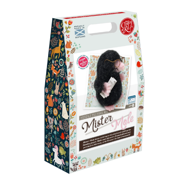 Mr Mole needle felting kit, woodland animal craft kit, beginner needle felting project, mole DIY wool sculpture, felt mole with glasses, The Crafty Kit Company Scotland, sustainable needle felting kit, 3D felt animal kit, Corriedale wool craft, unique handmade gift idea