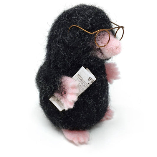 Mr Mole needle felting kit, woodland animal craft kit, beginner needle felting project, mole DIY wool sculpture, felt mole with glasses, The Crafty Kit Company Scotland, sustainable needle felting kit, 3D felt animal kit, Corriedale wool craft, unique handmade gift idea