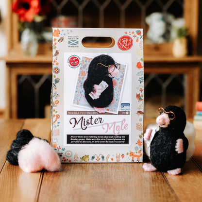 Mr Mole needle felting kit, woodland animal craft kit, beginner needle felting project, mole DIY wool sculpture, felt mole with glasses, The Crafty Kit Company Scotland, sustainable needle felting kit, 3D felt animal kit, Corriedale wool craft, unique handmade gift idea