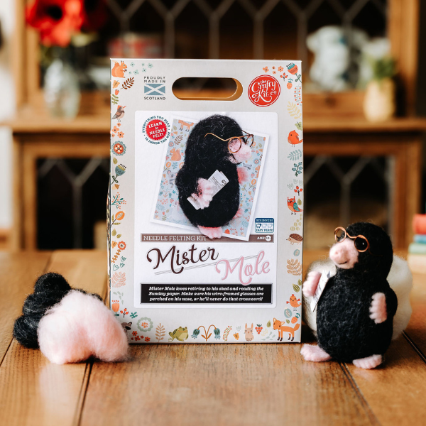 Mr Mole needle felting kit, woodland animal craft kit, beginner needle felting project, mole DIY wool sculpture, felt mole with glasses, The Crafty Kit Company Scotland, sustainable needle felting kit, 3D felt animal kit, Corriedale wool craft, unique handmade gift idea