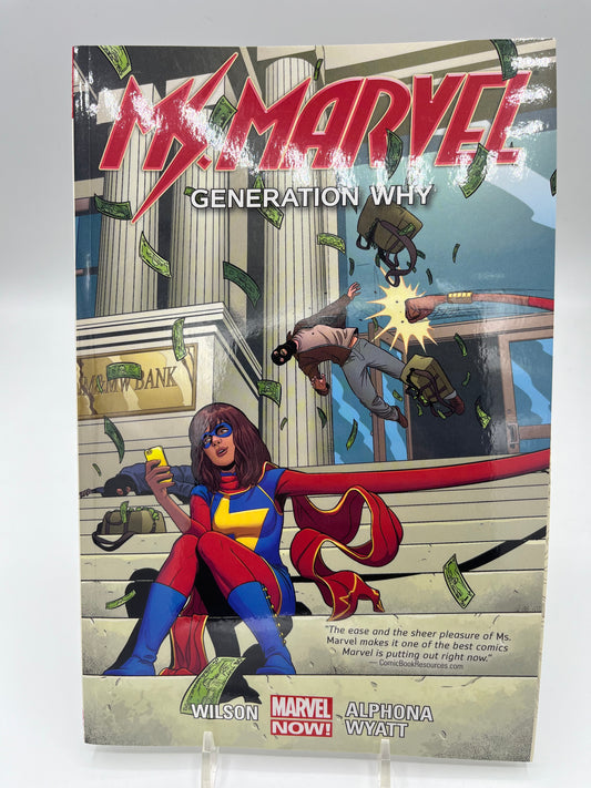 Cover of Ms. Marvel: Generation Why featuring Kamala Khan sitting on city steps while chaos unfolds behind her and dollar bills fly through the air.