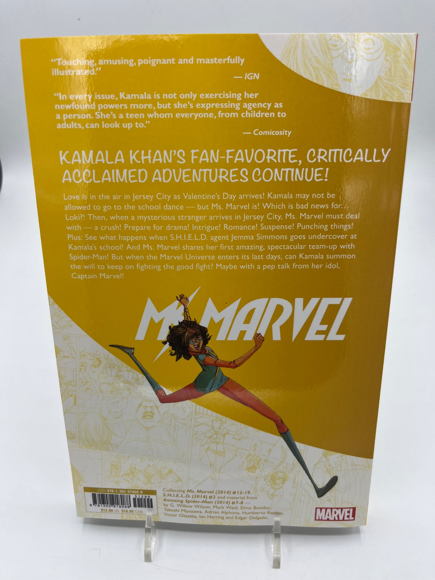 Back cover of Ms. Marvel: Metamorphosis featuring the graphic novel synopsis, review quotes, and artwork of Kamala Khan stretching across the page.