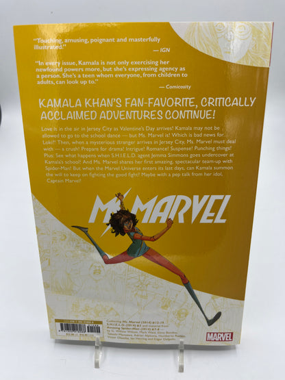 Back cover of Ms. Marvel: Metamorphosis featuring the graphic novel synopsis, review quotes, and artwork of Kamala Khan stretching across the page.