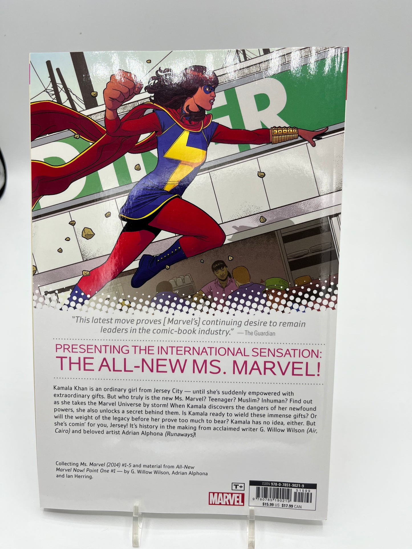 Back cover of Ms. Marvel: No Normal featuring Kamala Khan in costume, the graphic novel synopsis, review quote, and Marvel Comics publishing information.
