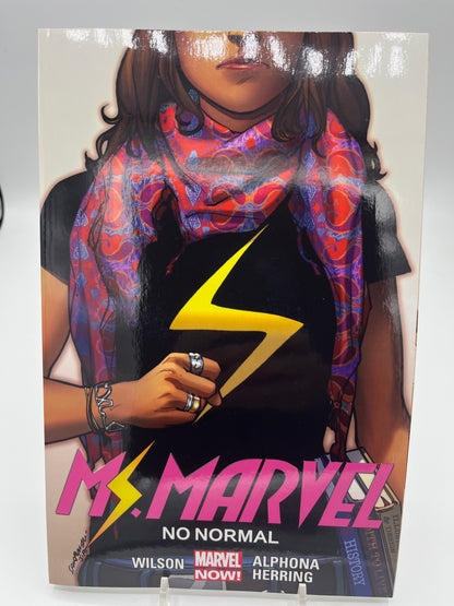 Cover of Ms. Marvel: No Normal featuring Kamala Khan wearing a scarf and a shirt with the Ms. Marvel lightning bolt emblem.