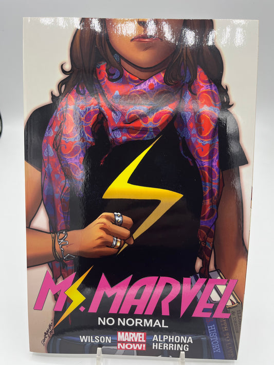 Cover of Ms. Marvel: No Normal featuring Kamala Khan wearing a scarf and a shirt with the Ms. Marvel lightning bolt emblem.