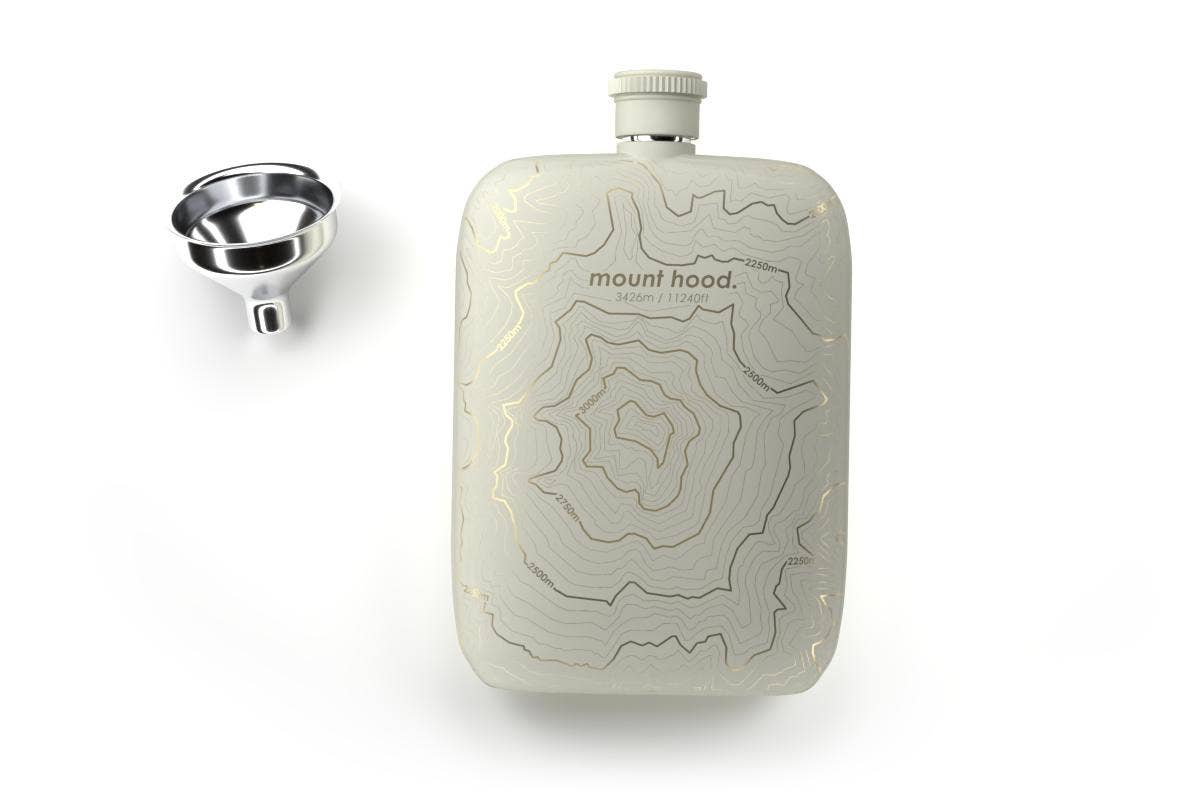Mt. Hood topography flask, Oregon mountain flask, Well Told stainless steel flask, etched topographic map drinkware, outdoor adventure gift, Pacific Northwest flask, Mt. Hood OR souvenir gift, white steel pocket flask, engraved mountain topography flask, hiker gifts, climber gifts, flask with funnel gift set, Rogue & Rye adventure collection, topography map drinkware, local reimagined gift ideas.