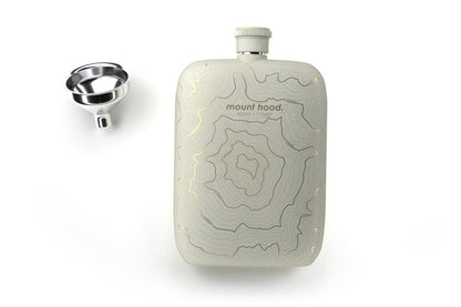 Mt. Hood topography flask, Oregon mountain flask, Well Told stainless steel flask, etched topographic map drinkware, outdoor adventure gift, Pacific Northwest flask, Mt. Hood OR souvenir gift, white steel pocket flask, engraved mountain topography flask, hiker gifts, climber gifts, flask with funnel gift set, Rogue & Rye adventure collection, topography map drinkware, local reimagined gift ideas.