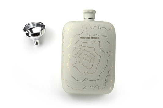 Mt. Hood topography flask, Oregon mountain flask, Well Told stainless steel flask, etched topographic map drinkware, outdoor adventure gift, Pacific Northwest flask, Mt. Hood OR souvenir gift, white steel pocket flask, engraved mountain topography flask, hiker gifts, climber gifts, flask with funnel gift set, Rogue & Rye adventure collection, topography map drinkware, local reimagined gift ideas.