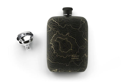 Mt. Rainier topography flask, Washington mountain flask, Well Told stainless steel flask, etched topographic map gift, outdoor adventure flask, Pacific Northwest gift ideas, engraved mountain flask, black or white steel flask, topography map drinkware, hiker and climber gifts, pocket flask with funnel, Mt. Rainier souvenir gift, Rogue & Rye adventure collection, outdoor lifestyle gifts, local reimagined flask, precision-etched stainless steel.