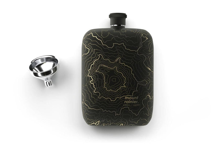 Mt. Rainier topography flask, Washington mountain flask, Well Told stainless steel flask, etched topographic map gift, outdoor adventure flask, Pacific Northwest gift ideas, engraved mountain flask, black or white steel flask, topography map drinkware, hiker and climber gifts, pocket flask with funnel, Mt. Rainier souvenir gift, Rogue & Rye adventure collection, outdoor lifestyle gifts, local reimagined flask, precision-etched stainless steel.