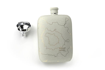 Mt. Rainier topography flask, Washington mountain flask, Well Told stainless steel flask, etched topographic map gift, outdoor adventure flask, Pacific Northwest gift ideas, engraved mountain flask, black or white steel flask, topography map drinkware, hiker and climber gifts, pocket flask with funnel, Mt. Rainier souvenir gift, Rogue & Rye adventure collection, outdoor lifestyle gifts, local reimagined flask, precision-etched stainless steel.