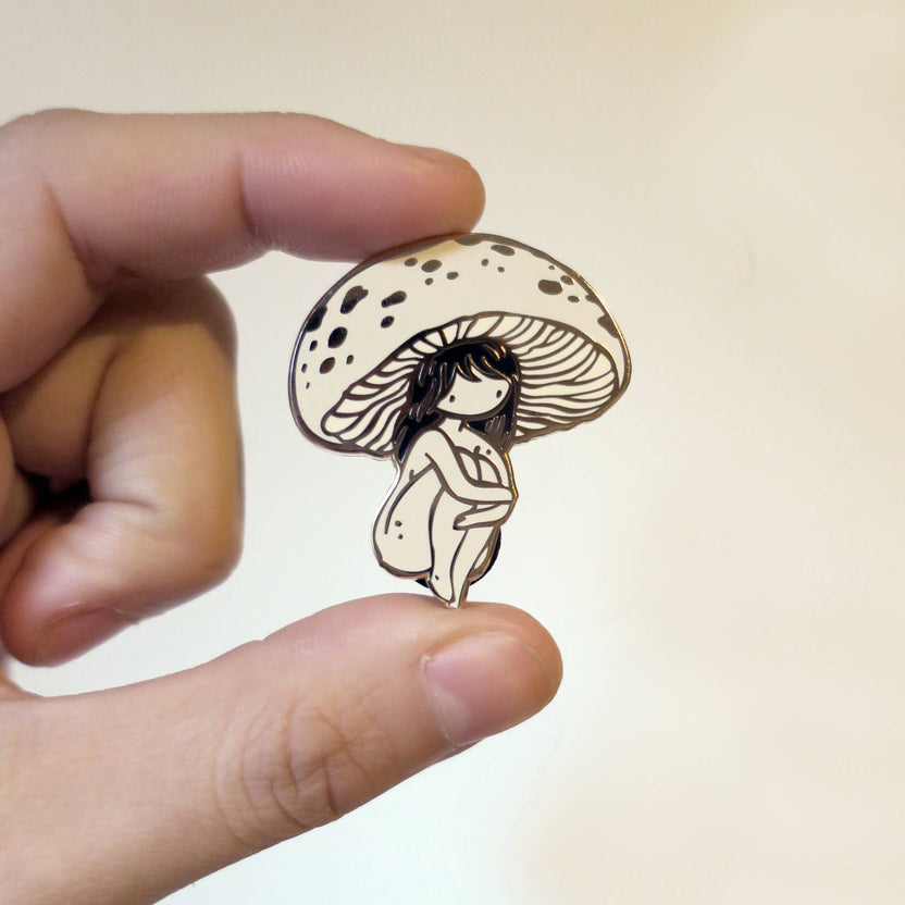 mushroom girl pin, enamel mushroom pin, nature-inspired accessories, woodland enamel pin, fungi lover gift, foraging pin, mushroom enamel badge, hard enamel mushroom pin, cottagecore pin, forest aesthetic accessory