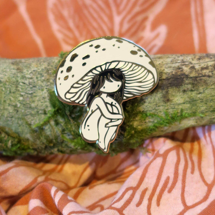 mushroom girl pin, enamel mushroom pin, nature-inspired accessories, woodland enamel pin, fungi lover gift, foraging pin, mushroom enamel badge, hard enamel mushroom pin, cottagecore pin, forest aesthetic accessory