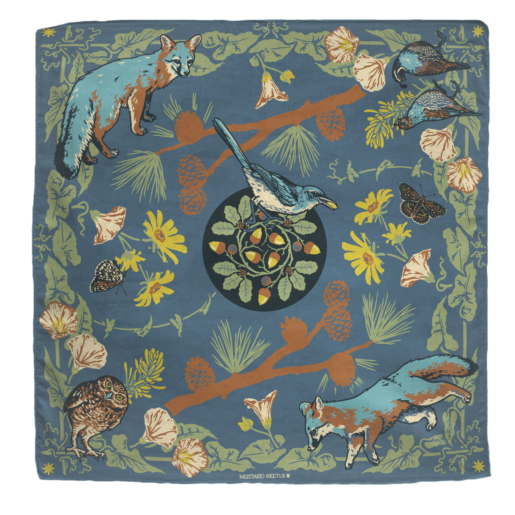 Mustard Beetle Channel Islands bandana, Channel Islands illustration bandana, organic cotton bandana, Fair Trade bandana artist made, eco friendly hand printed bandana, Island Fox bandana, California Quail bandana, wildlife illustration textile, botanical illustration cotton bandana, XL 26 inch bandana, naturalist inspired textile, Elizabeth Jean Younce artwork, Mustard Beetle accessories, screenprinted organic cotton bandana, collectible artist textile, Rogue & Rye nature goods, eco conscious wearable art,
