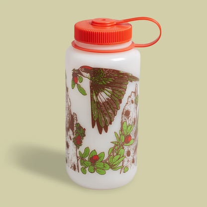 Mustard Beetle Chaparral Nalgene, Audubon Nalgene collaboration, chaparral illustration water bottle, limited edition 32oz Nalgene, recycled plastic Nalgene bottle, opaque white Nalgene red lid, eco-friendly wide mouth bottle, BPA free Nalgene USA made, artist illustrated Nalgene water bottle, Elizabeth Jean Younce design, nature inspired hydration bottle, Audubon artist collaboration bottle, botanical and wildlife illustration Nalgene, functional art water bottle, collectible artist Nalgene 32oz, chaparral