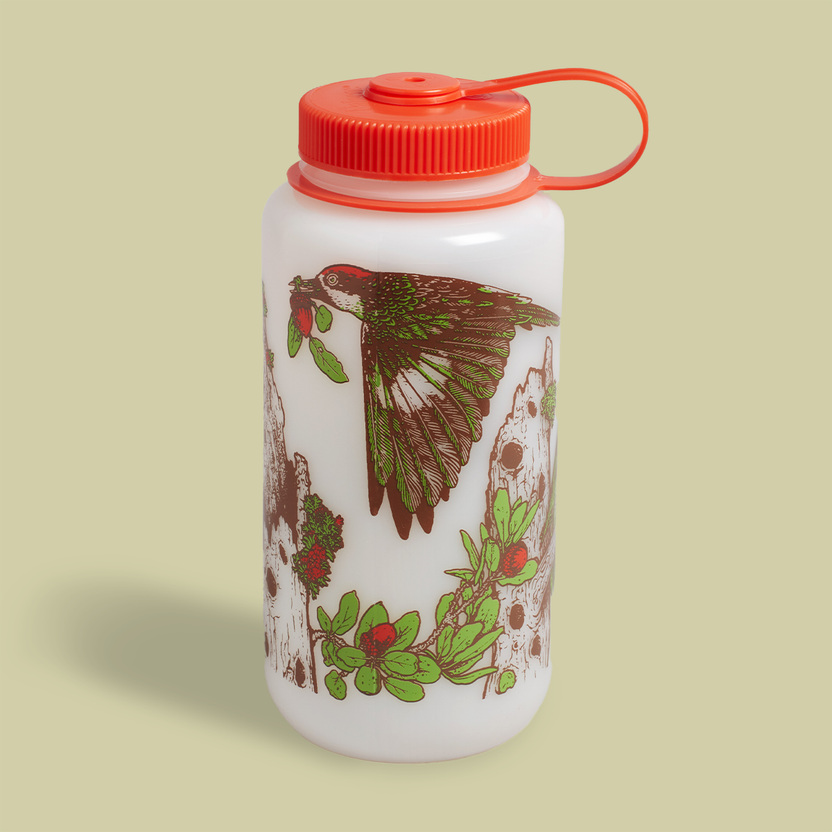 Mustard Beetle Chaparral Nalgene, Audubon Nalgene collaboration, chaparral illustration water bottle, limited edition 32oz Nalgene, recycled plastic Nalgene bottle, opaque white Nalgene red lid, eco-friendly wide mouth bottle, BPA free Nalgene USA made, artist illustrated Nalgene water bottle, Elizabeth Jean Younce design, nature inspired hydration bottle, Audubon artist collaboration bottle, botanical and wildlife illustration Nalgene, functional art water bottle, collectible artist Nalgene 32oz, chaparral