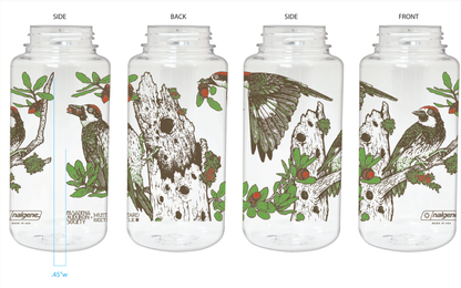 Mustard Beetle Chaparral Nalgene, Audubon Nalgene collaboration, chaparral illustration water bottle, limited edition 32oz Nalgene, recycled plastic Nalgene bottle, opaque white Nalgene red lid, eco-friendly wide mouth bottle, BPA free Nalgene USA made, artist illustrated Nalgene water bottle, Elizabeth Jean Younce design, nature inspired hydration bottle, Audubon artist collaboration bottle, botanical and wildlife illustration Nalgene, functional art water bottle, collectible artist Nalgene 32oz, chaparral