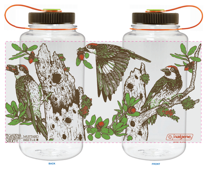 Mustard Beetle Chaparral Nalgene, Audubon Nalgene collaboration, chaparral illustration water bottle, limited edition 32oz Nalgene, recycled plastic Nalgene bottle, opaque white Nalgene red lid, eco-friendly wide mouth bottle, BPA free Nalgene USA made, artist illustrated Nalgene water bottle, Elizabeth Jean Younce design, nature inspired hydration bottle, Audubon artist collaboration bottle, botanical and wildlife illustration Nalgene, functional art water bottle, collectible artist Nalgene 32oz, chaparral