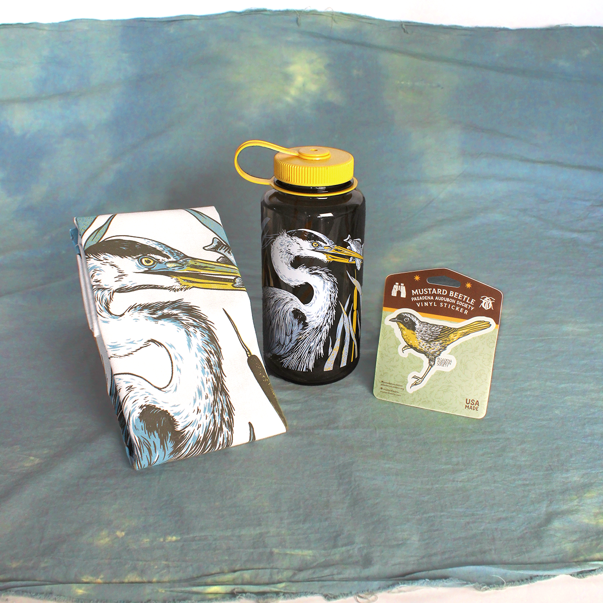 Mustard Beetle LA River Nalgene, Pasadena Audubon Nalgene collaboration, LA River illustration water bottle, Great Blue Heron Nalgene, Yellow-Rumped Warbler bottle design, Common Yellowthroat illustration, riparian habitat artwork bottle, botanical bird illustration Nalgene, limited edition 32oz wide mouth Nalgene, recycled plastic water bottle, eco-friendly Nalgene USA made, BPA free reusable bottle, Elizabeth Jean Younce artwork, nature inspired hydration bottle, functional art Nalgene, collectible artist