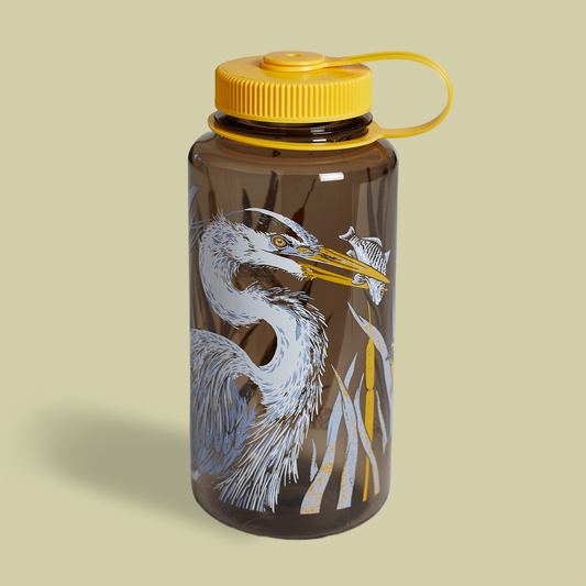 Mustard Beetle LA River Nalgene, Pasadena Audubon Nalgene collaboration, LA River illustration water bottle, Great Blue Heron Nalgene, Yellow-Rumped Warbler bottle design, Common Yellowthroat illustration, riparian habitat artwork bottle, botanical bird illustration Nalgene, limited edition 32oz wide mouth Nalgene, recycled plastic water bottle, eco-friendly Nalgene USA made, BPA free reusable bottle, Elizabeth Jean Younce artwork, nature inspired hydration bottle, functional art Nalgene, collectible artist