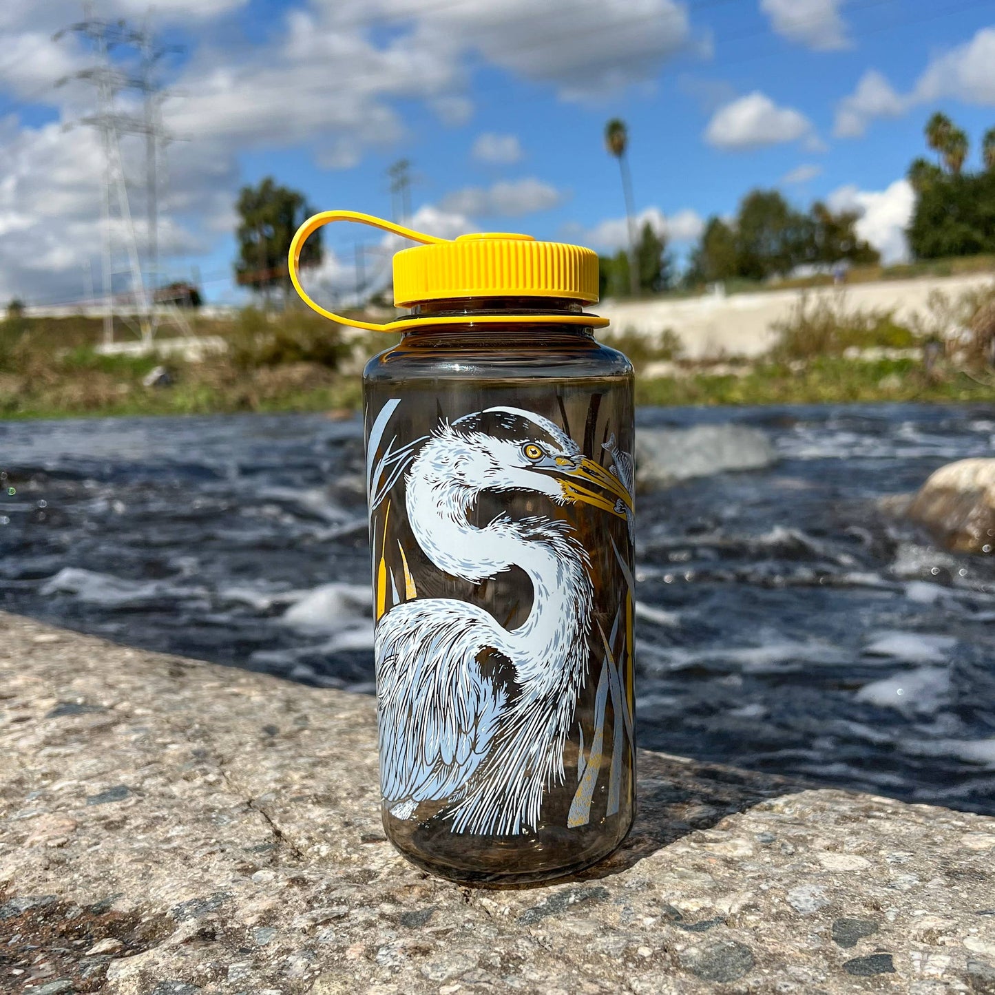 Mustard Beetle LA River Nalgene, Pasadena Audubon Nalgene collaboration, LA River illustration water bottle, Great Blue Heron Nalgene, Yellow-Rumped Warbler bottle design, Common Yellowthroat illustration, riparian habitat artwork bottle, botanical bird illustration Nalgene, limited edition 32oz wide mouth Nalgene, recycled plastic water bottle, eco-friendly Nalgene USA made, BPA free reusable bottle, Elizabeth Jean Younce artwork, nature inspired hydration bottle, functional art Nalgene, collectible artist