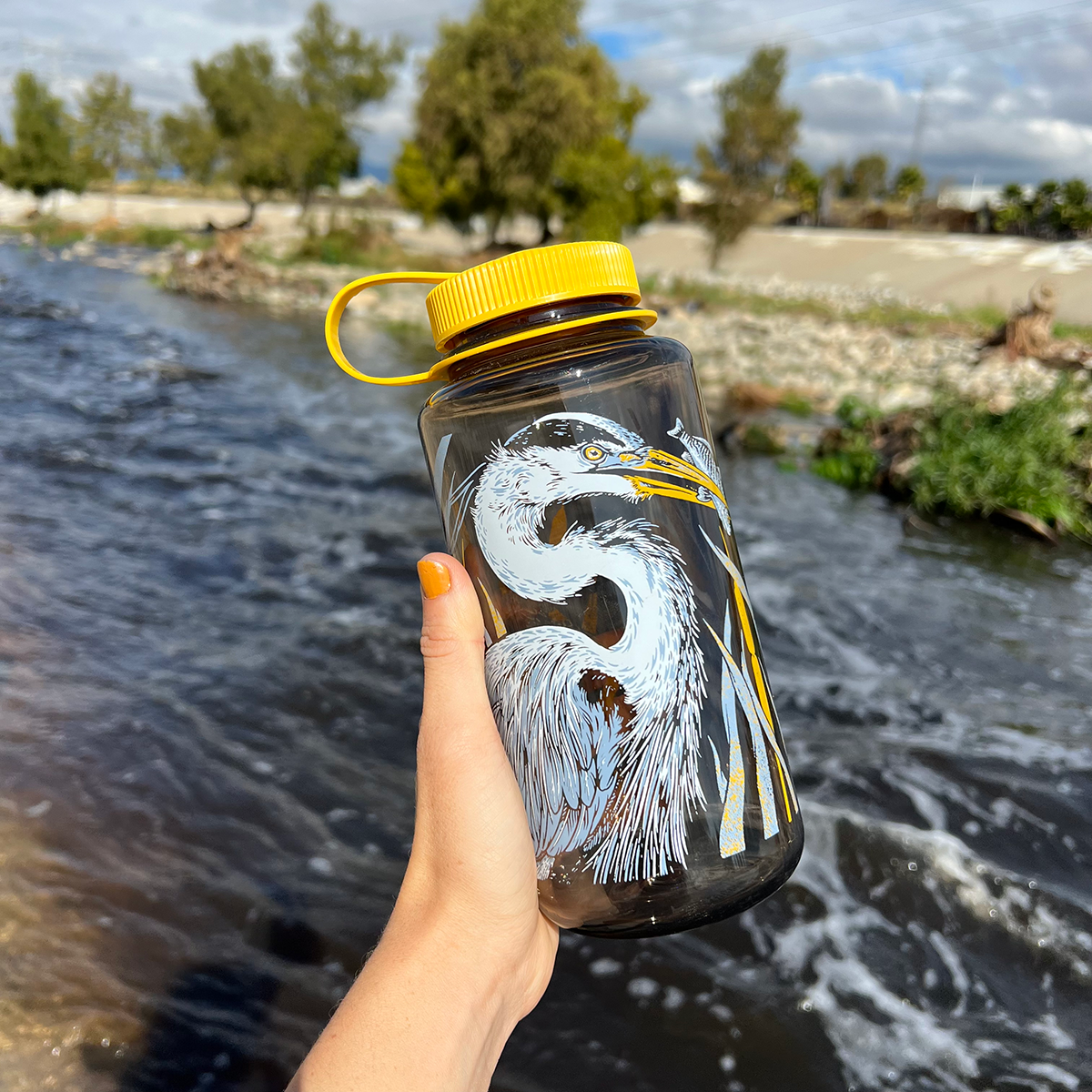 Mustard Beetle LA River Nalgene, Pasadena Audubon Nalgene collaboration, LA River illustration water bottle, Great Blue Heron Nalgene, Yellow-Rumped Warbler bottle design, Common Yellowthroat illustration, riparian habitat artwork bottle, botanical bird illustration Nalgene, limited edition 32oz wide mouth Nalgene, recycled plastic water bottle, eco-friendly Nalgene USA made, BPA free reusable bottle, Elizabeth Jean Younce artwork, nature inspired hydration bottle, functional art Nalgene, collectible artist