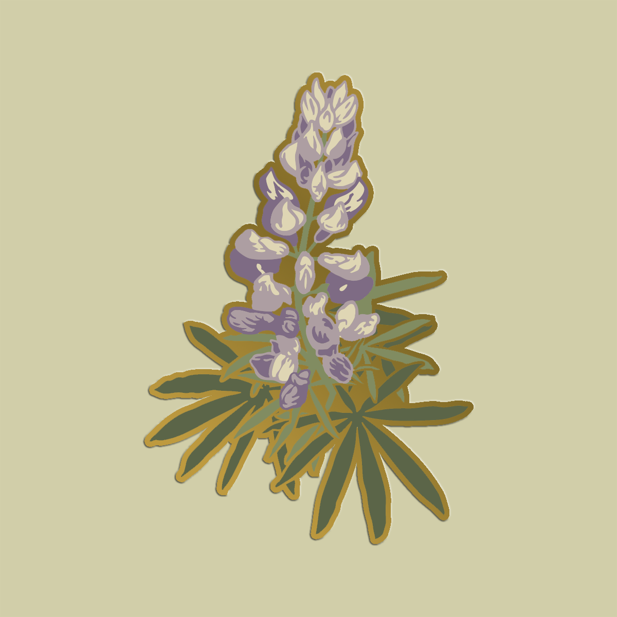 Mustard Beetle Lupine enamel pin featuring a botanical illustration of a lupine wildflower, hard enamel lapel pin for jackets, bags, and nature lovers.
