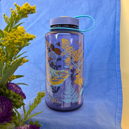 Mustard Beetle Prairie Nalgene, prairie illustration water bottle, prairie ecosystem art bottle, limited edition 32oz wide mouth Nalgene, recycled plastic Nalgene bottle, eco-friendly water bottle USA made, BPA free reusable bottle, artist illustrated Nalgene, Elizabeth Jean Younce artwork, nature inspired hydration bottle, prairie wildlife artwork, functional art Nalgene, collectible artist water bottle, Rogue & Rye nature goods, eco conscious bottle gift, outdoor adventure Nalgene, screenprinted artist bo