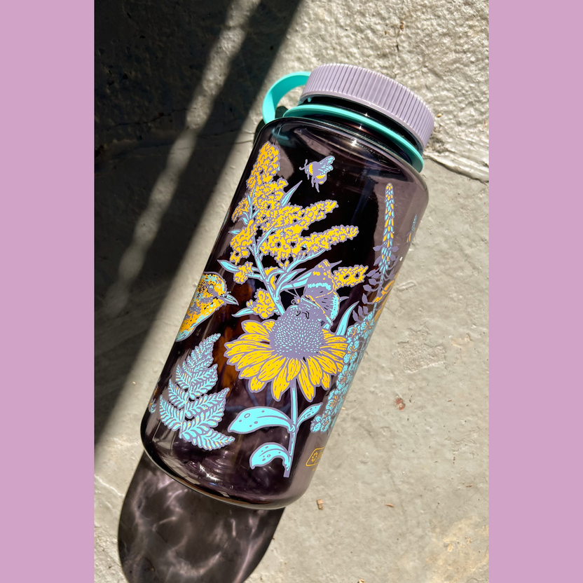 Mustard Beetle Prairie Nalgene, prairie illustration water bottle, prairie ecosystem art bottle, limited edition 32oz wide mouth Nalgene, recycled plastic Nalgene bottle, eco-friendly water bottle USA made, BPA free reusable bottle, artist illustrated Nalgene, Elizabeth Jean Younce artwork, nature inspired hydration bottle, prairie wildlife artwork, functional art Nalgene, collectible artist water bottle, Rogue & Rye nature goods, eco conscious bottle gift, outdoor adventure Nalgene, screenprinted artist bo