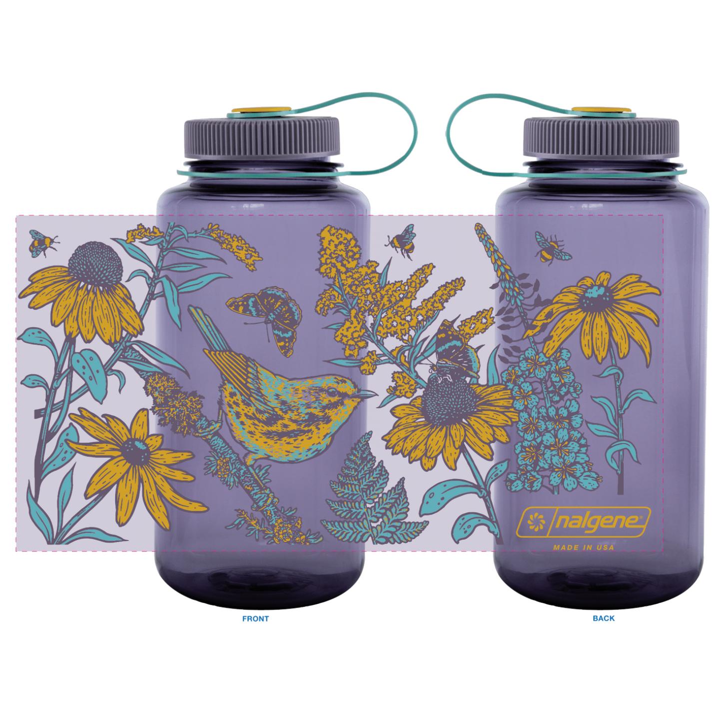 Mustard Beetle Prairie Nalgene, prairie illustration water bottle, prairie ecosystem art bottle, limited edition 32oz wide mouth Nalgene, recycled plastic Nalgene bottle, eco-friendly water bottle USA made, BPA free reusable bottle, artist illustrated Nalgene, Elizabeth Jean Younce artwork, nature inspired hydration bottle, prairie wildlife artwork, functional art Nalgene, collectible artist water bottle, Rogue & Rye nature goods, eco conscious bottle gift, outdoor adventure Nalgene, screenprinted artist bo