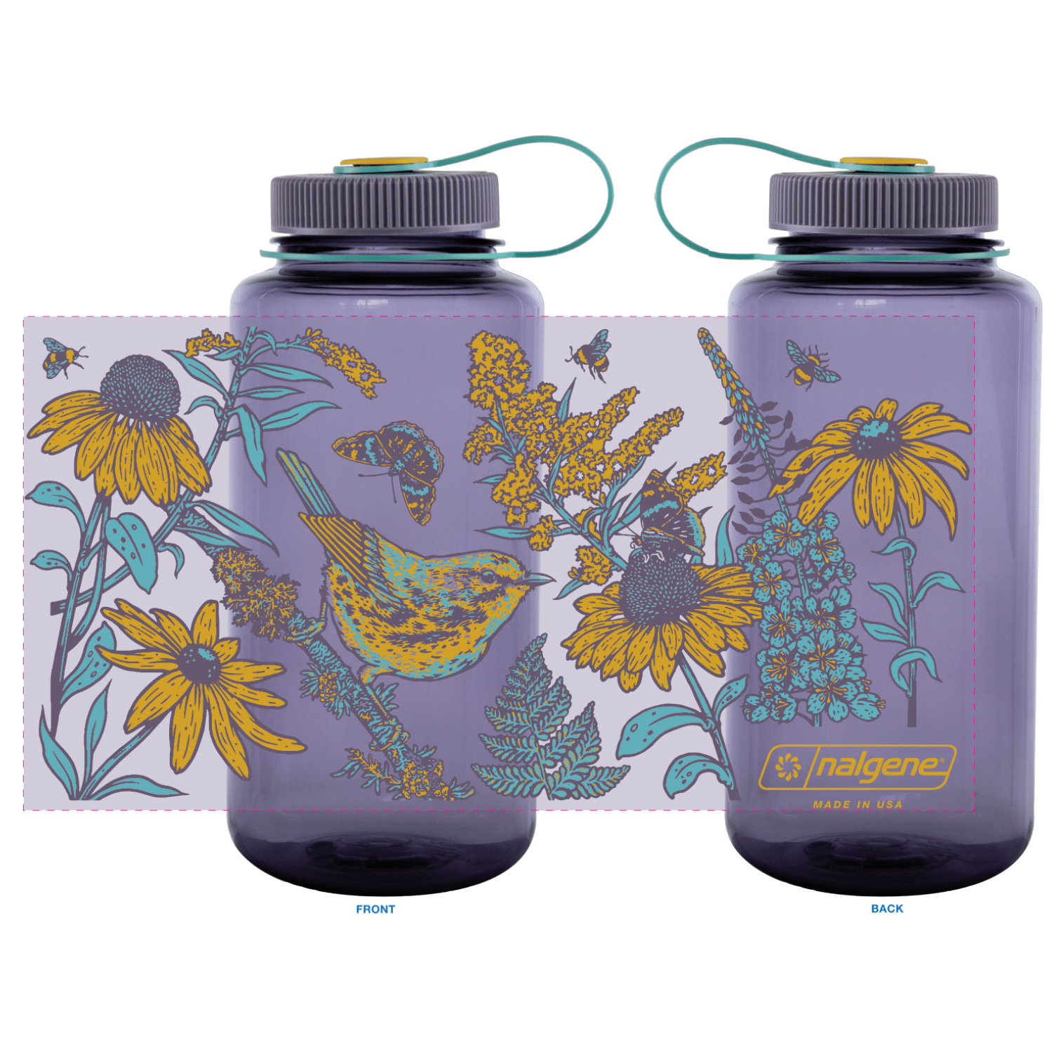 Mustard Beetle Prairie Nalgene, prairie illustration water bottle, prairie ecosystem art bottle, limited edition 32oz wide mouth Nalgene, recycled plastic Nalgene bottle, eco-friendly water bottle USA made, BPA free reusable bottle, artist illustrated Nalgene, Elizabeth Jean Younce artwork, nature inspired hydration bottle, prairie wildlife artwork, functional art Nalgene, collectible artist water bottle, Rogue & Rye nature goods, eco conscious bottle gift, outdoor adventure Nalgene, screenprinted artist bo