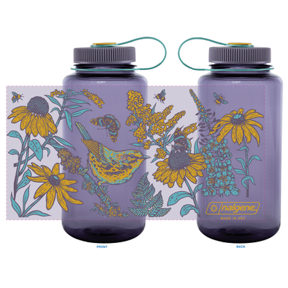 Mustard Beetle Prairie Nalgene, prairie illustration water bottle, prairie ecosystem art bottle, limited edition 32oz wide mouth Nalgene, recycled plastic Nalgene bottle, eco-friendly water bottle USA made, BPA free reusable bottle, artist illustrated Nalgene, Elizabeth Jean Younce artwork, nature inspired hydration bottle, prairie wildlife artwork, functional art Nalgene, collectible artist water bottle, Rogue & Rye nature goods, eco conscious bottle gift, outdoor adventure Nalgene, screenprinted artist bo