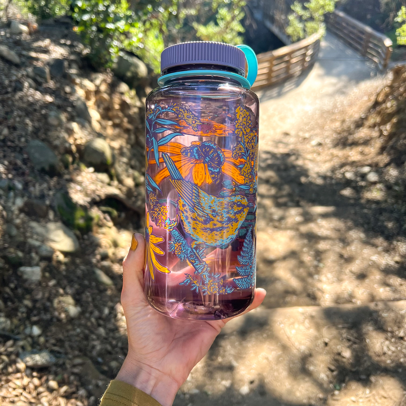Mustard Beetle Prairie Nalgene, prairie illustration water bottle, prairie ecosystem art bottle, limited edition 32oz wide mouth Nalgene, recycled plastic Nalgene bottle, eco-friendly water bottle USA made, BPA free reusable bottle, artist illustrated Nalgene, Elizabeth Jean Younce artwork, nature inspired hydration bottle, prairie wildlife artwork, functional art Nalgene, collectible artist water bottle, Rogue & Rye nature goods, eco conscious bottle gift, outdoor adventure Nalgene, screenprinted artist bo